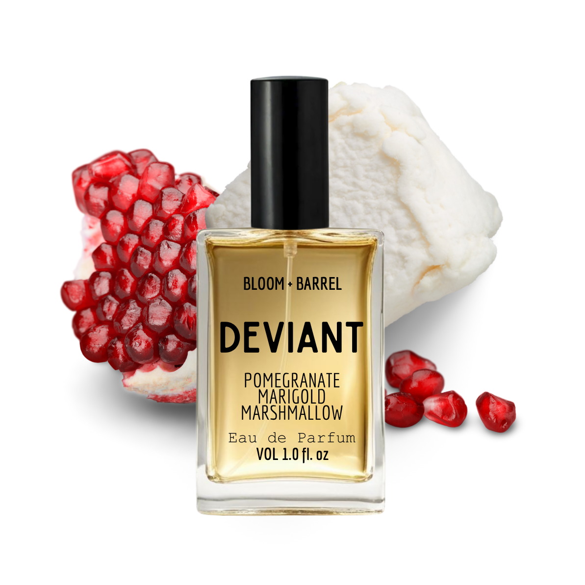 Perfume bottle labeled 'Deviant' with pomegranate and marshmallow elements on a white background