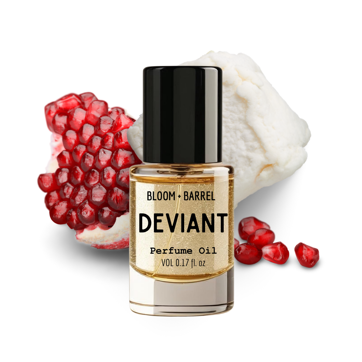 Perfume oil bottle labeled 'Deviant' with pomegranate and white flowers on a white background
