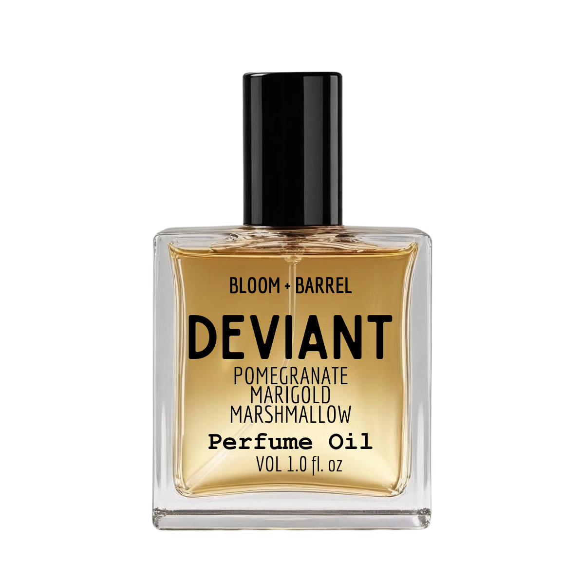 Perfume oil bottle labeled 'Deviant' by Bloom + Barrel on a white background