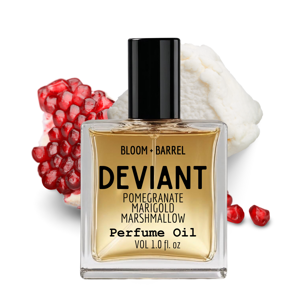 Perfume oil bottle labeled 'Deviant' with pomegranate and marshmallow elements on a white background