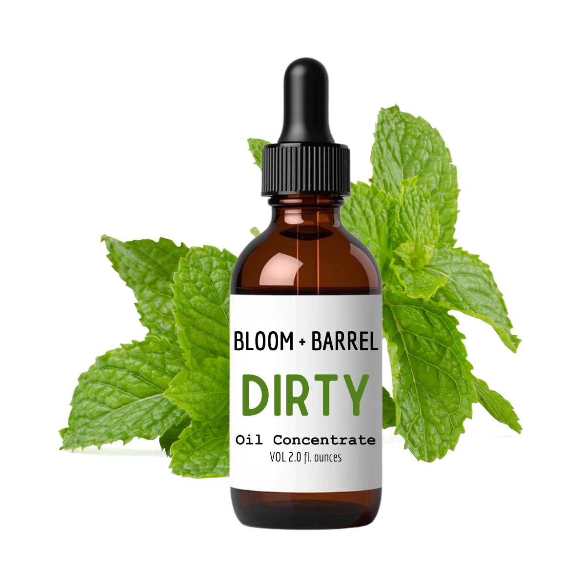 Bottle of Bloom + Barrel Dirty Oil Concentrate with mint leaves on a white background