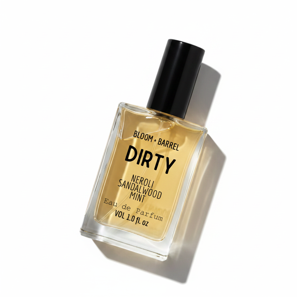 Perfume bottle labeled 'DIRTY' by Bloom & Barrel on a white background