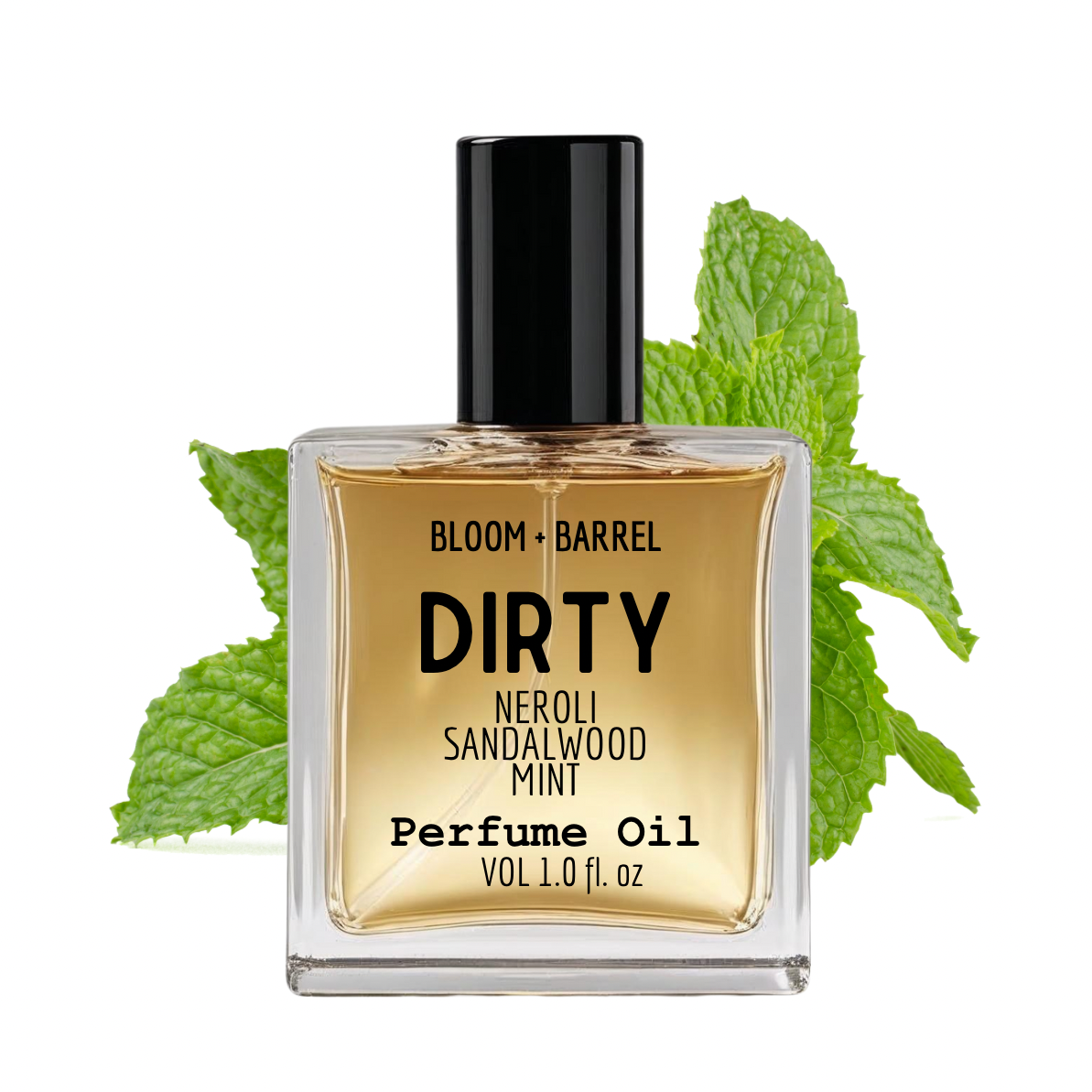 Perfume oil bottle with green leaves on a white background