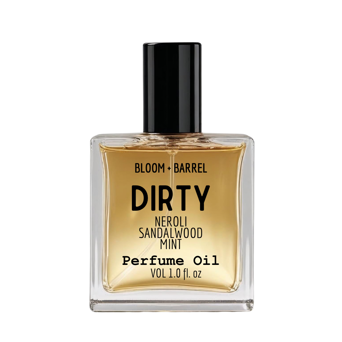 Perfume oil bottle labeled 'Dirty' by Bloom & Barrel on a white background