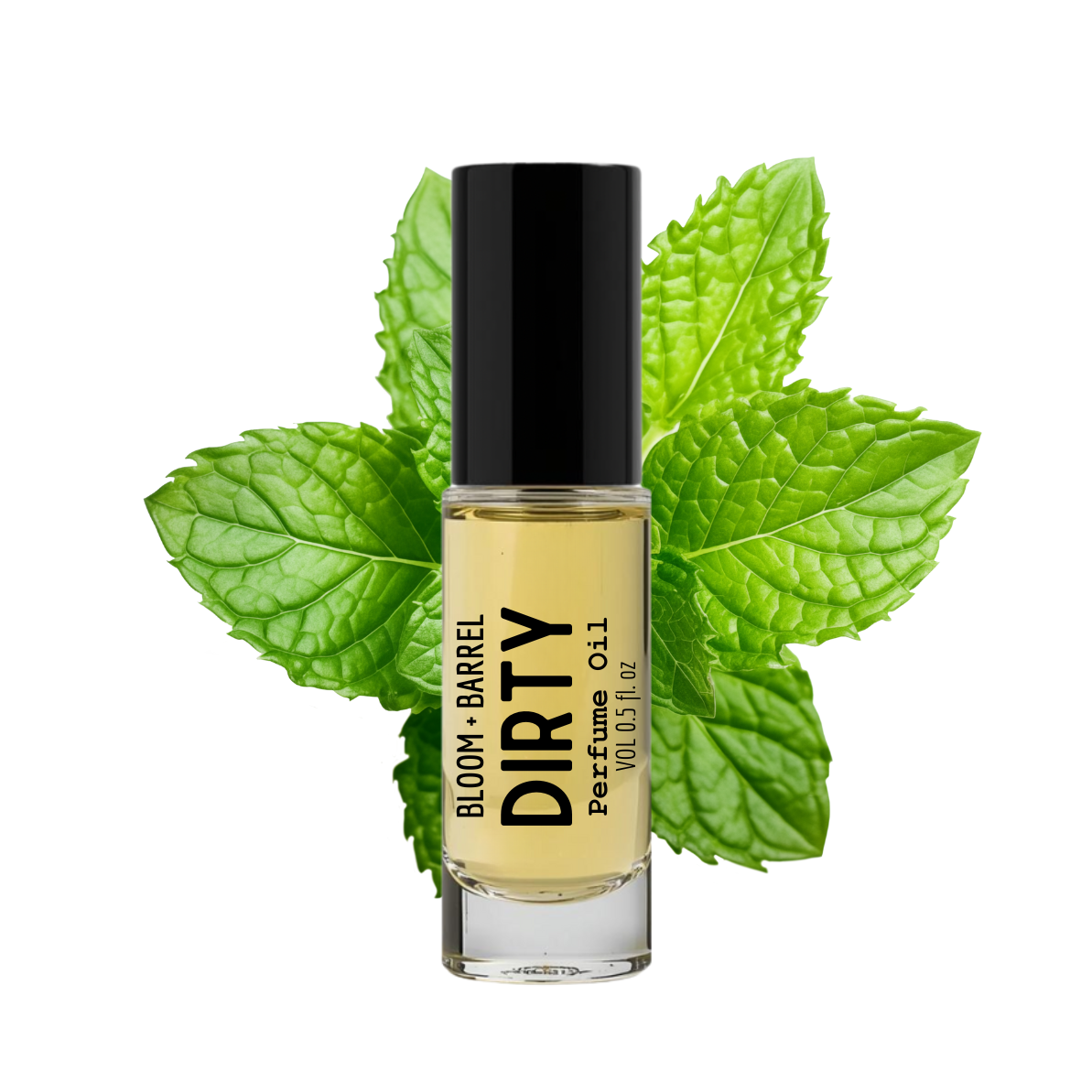 Perfume bottle labeled 'DIRTY' by Bloom & Barrel with mint leaves on a white background