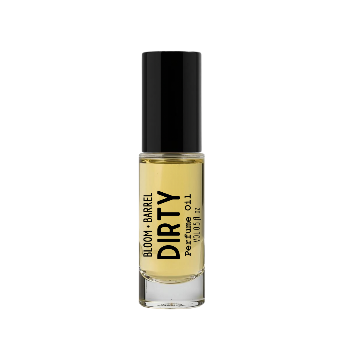 Perfume bottle labeled 'DIRTY' by Bloom & Barrel on a white background