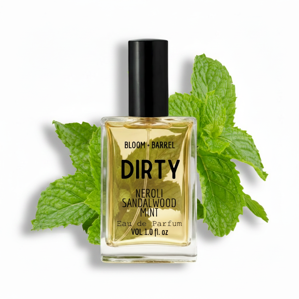 Perfume bottle labeled 'Dirty' with green leaves on a white background