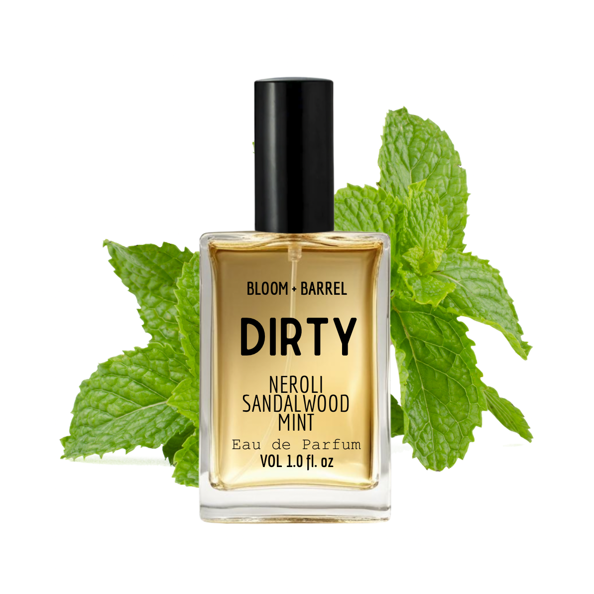 Perfume bottle labeled 'Dirty' with green leaves on a white background