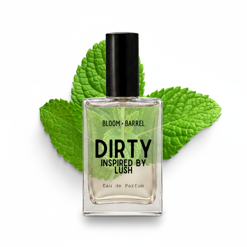 A clear glass perfume bottle with a black cap and black text reading 'DIRTY INSPIRED BY LUSH' and 'BLOOM • BARREL', centered in front of bright green mint leaves on a white background.