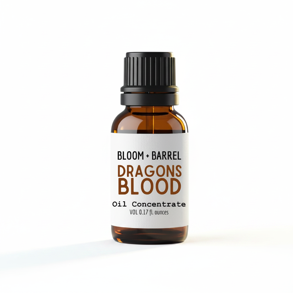 Bottle of Bloom & Barrel Dragons Blood oil concentrate on a white background