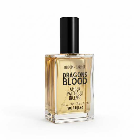 Perfume bottle labeled 'Bloom & Barrel Dragons Blood' on a white background