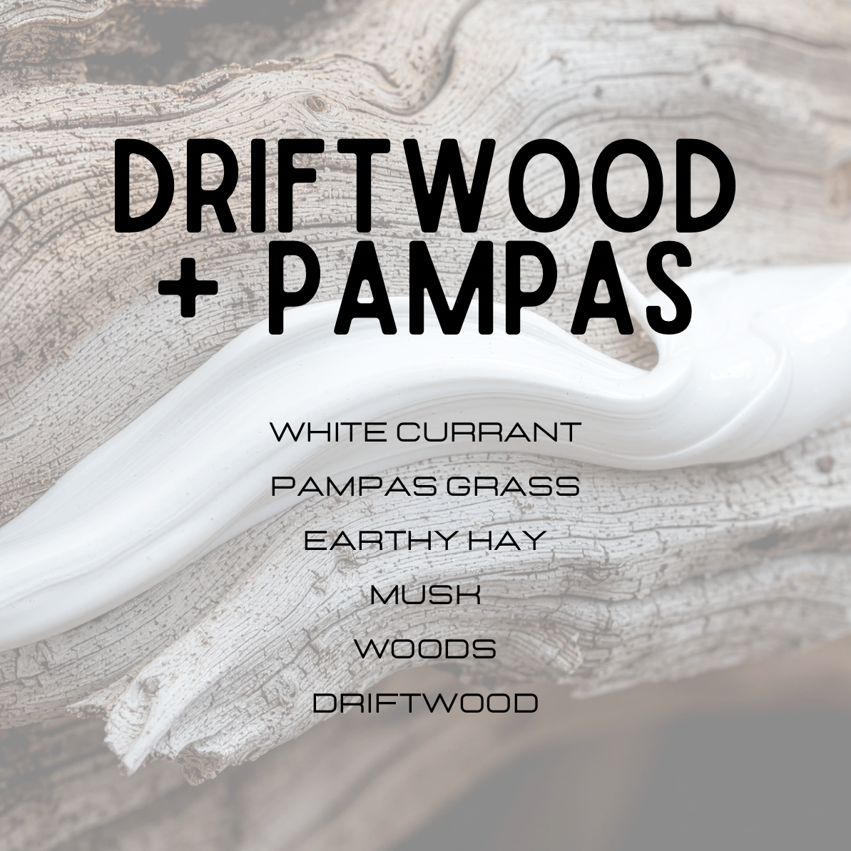 Driftwood and pampas grass with text overlay on a blurred natural background