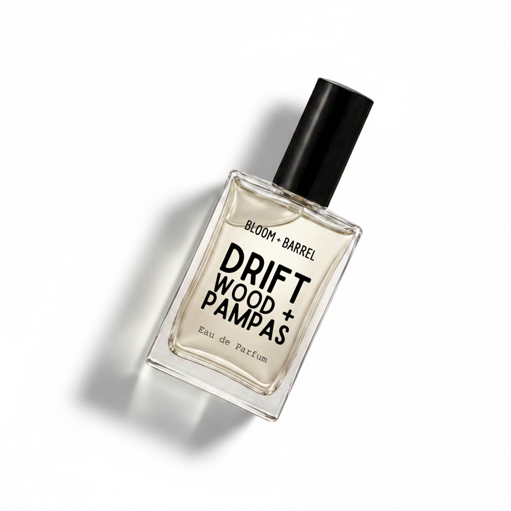A rectangular glass bottle of Bloom Barrel Drift Wood + Pampas Eau de Parfum with a black cap, centered on a plain white background.