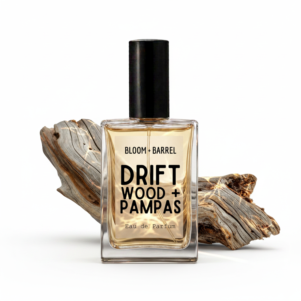 A rectangular glass perfume bottle with a black cap, labeled 'BLOOM • BARREL DRIFT WOOD + PAMPAS Eau de Parfum', centered against a white background with pieces of weathered driftwood behind it.