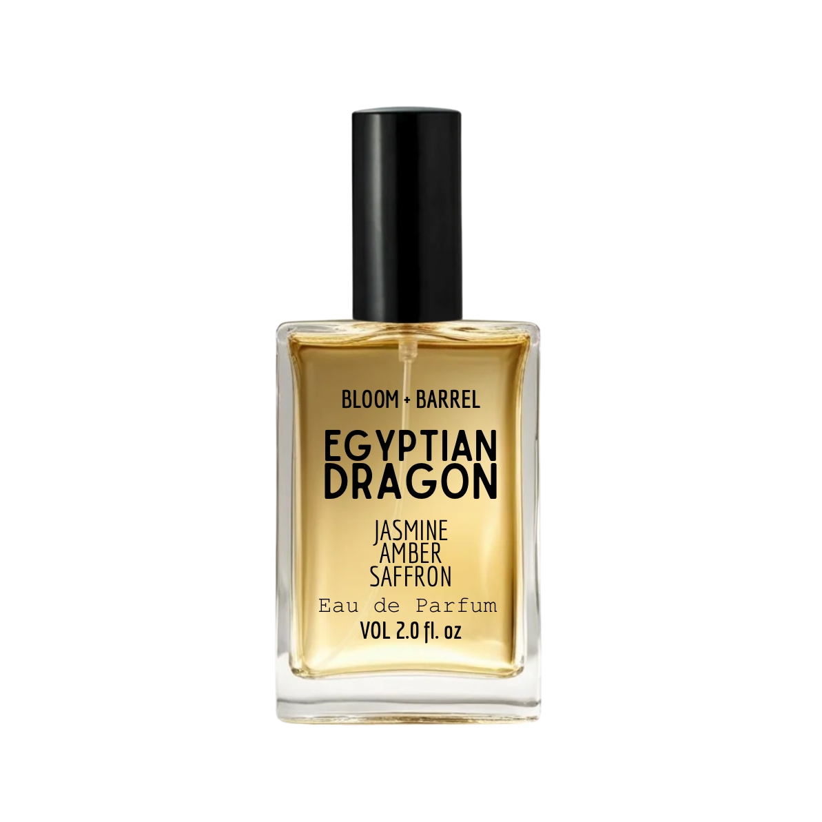 Perfume bottle labeled 'egyptian dragon' by Bloom & Barrel on a white background