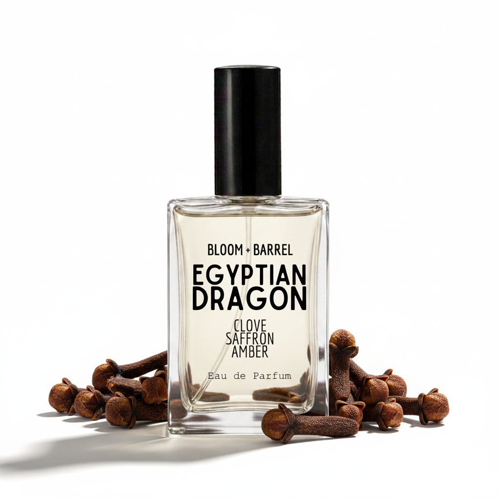 A rectangular glass perfume bottle labeled 'BLOOM + BARREL EGYPTIAN DRAGON CLOVE SAFFRON AMBER' with a black cap, centered on a white background and framed by cloves on both sides.