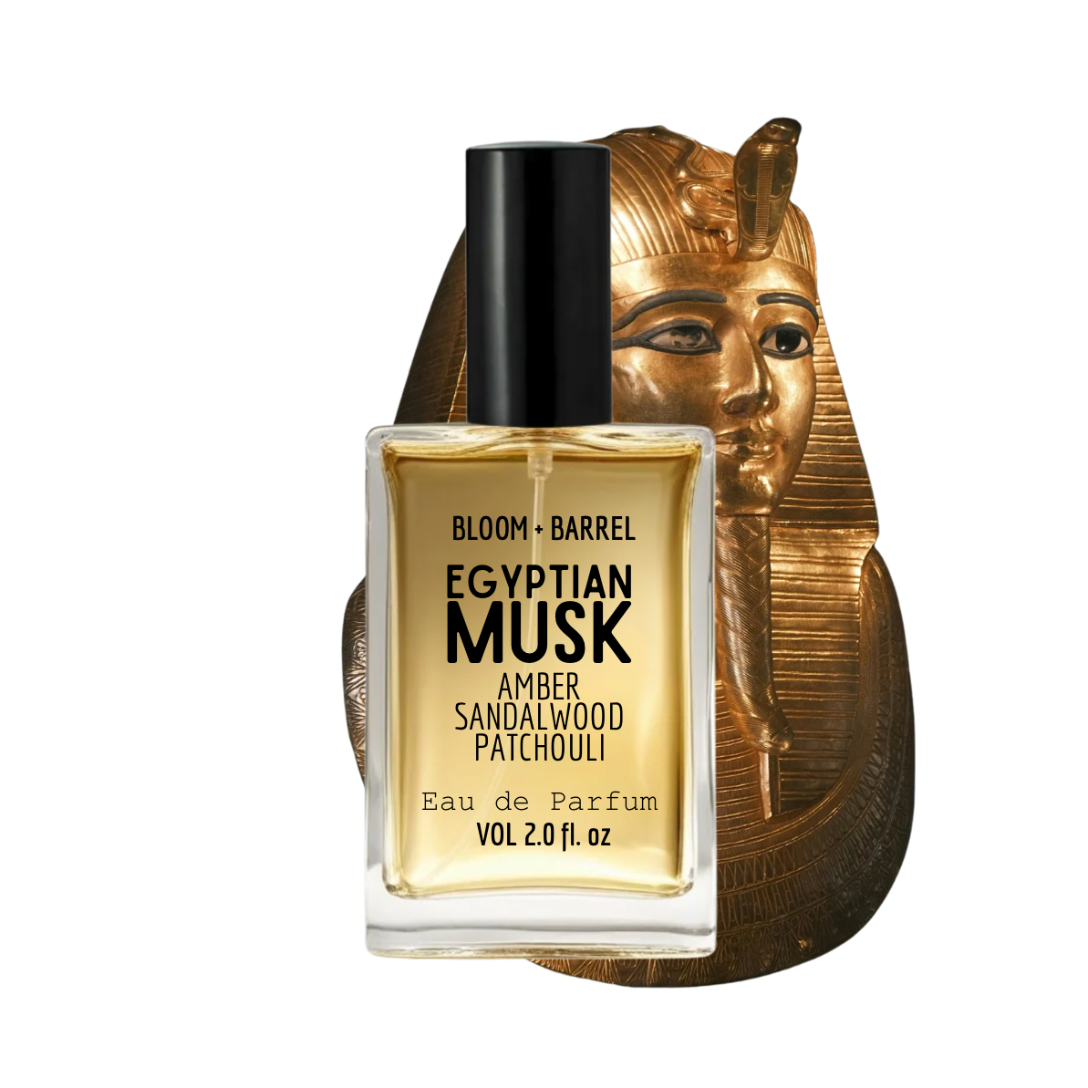 Perfume bottle with Egyptian-themed design on a white background