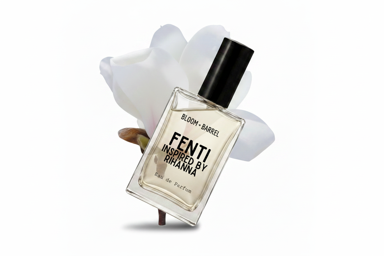 A clear rectangular perfume bottle with a black cap, labeled 'BLOOM • BARREL' and 'FENTI INSPIRED BY RIHANNA', centered against a white background with soft white flower petals behind it.