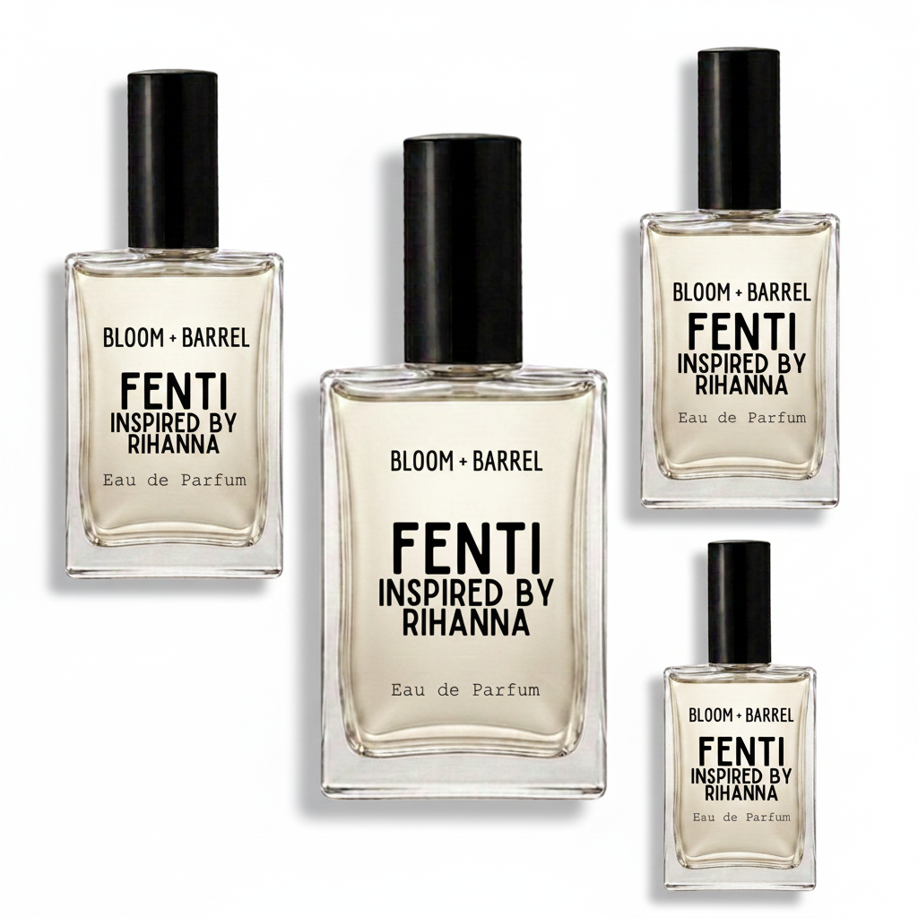 Four clear glass perfume bottles with black caps arranged on a white background. The center bottle is largest, with three smaller identical bottles around it.