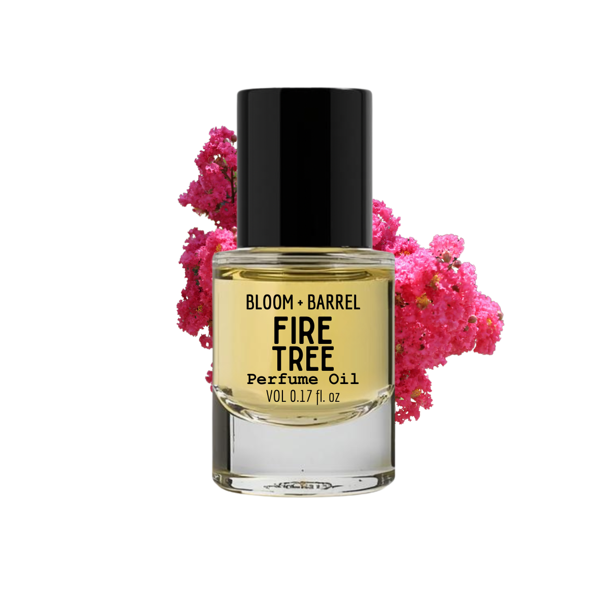 Perfume oil bottle with pink flowers on a white background