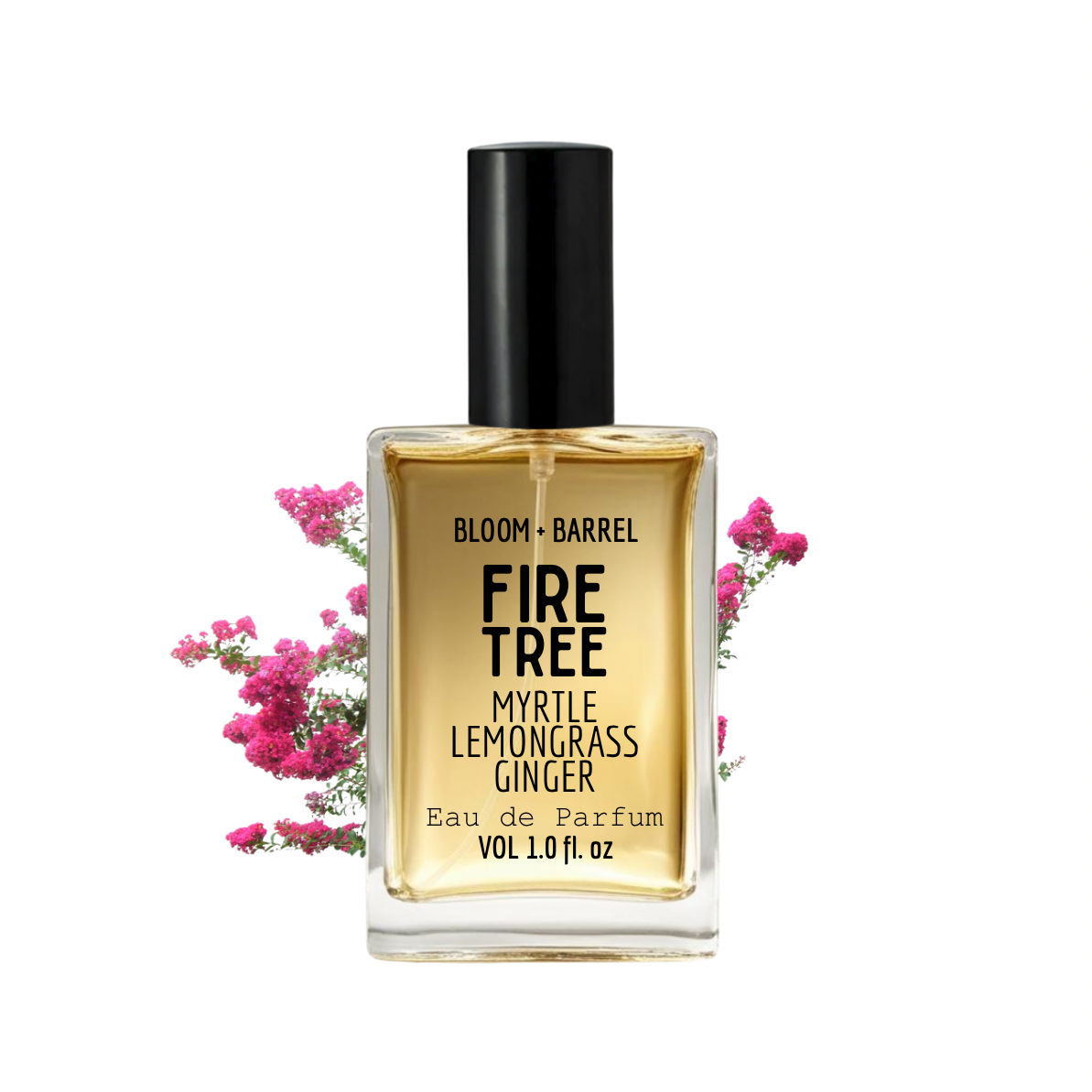 Perfume bottle labeled 'Fire Tree' with pink flowers on a white background