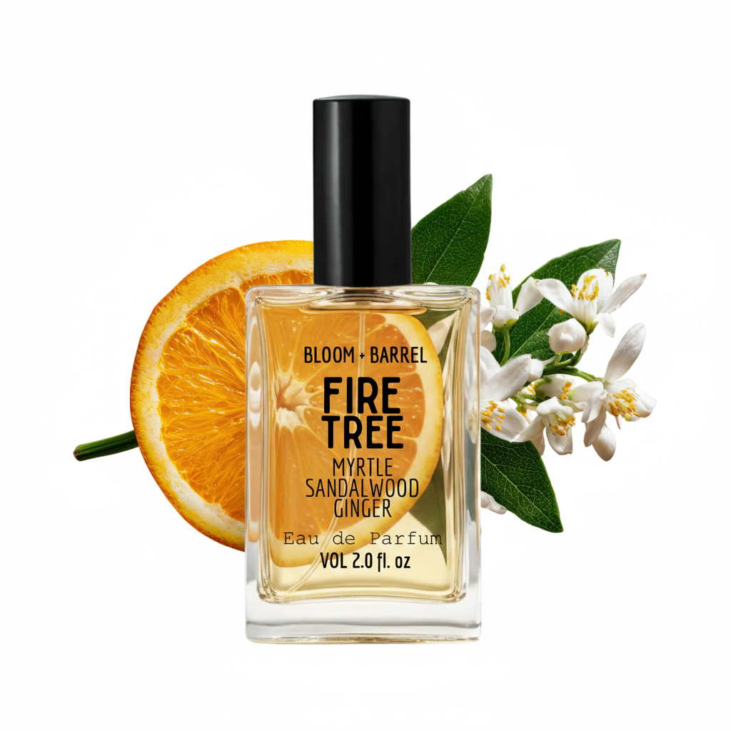 Bottle of Bloom & Barrel Fire Tree Myrtle Sandalwood Ginger Eau de Parfum with an orange slice and flowers on a white background.