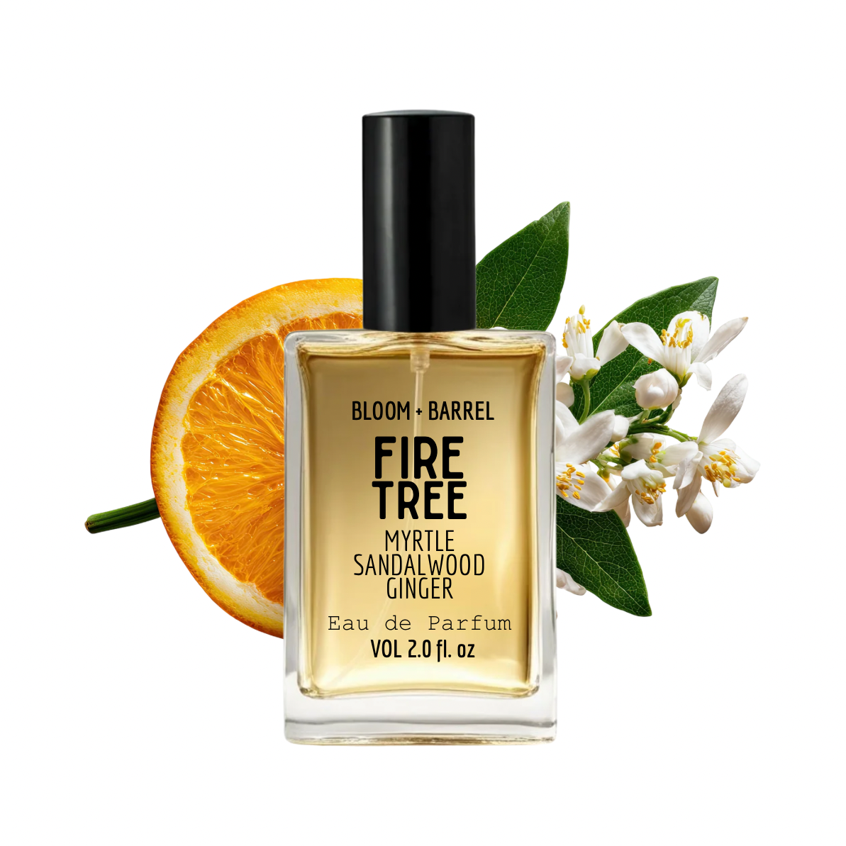 Bottle of Bloom & Barrel Fire Tree Myrtle Sandalwood Ginger Eau de Parfum with an orange slice and flowers on a white background.