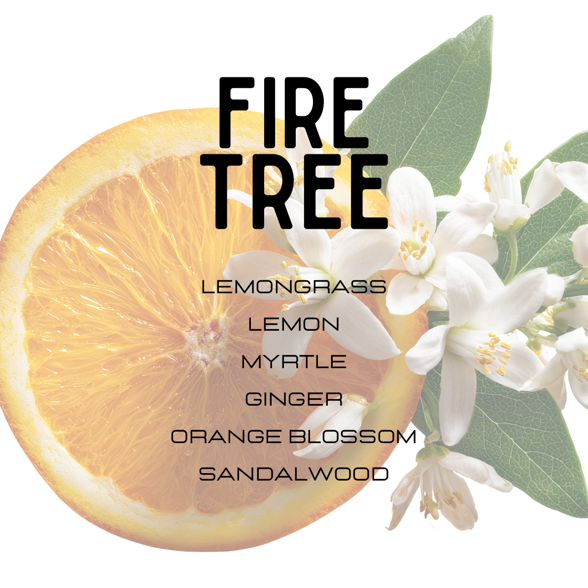 Sliced lemon with white flowers and leaves, featuring the brand 'Fire Tree' and its ingredient list on a white background.