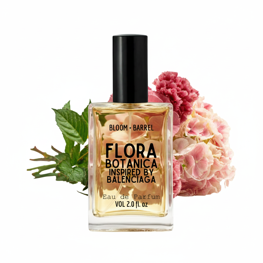Balenciaga Bloom + Barrel Flora Botanica Eau de Parfum bottle with a black cap, filled with golden-yellow liquid, styled with pink flowers and green leaves on a white background.