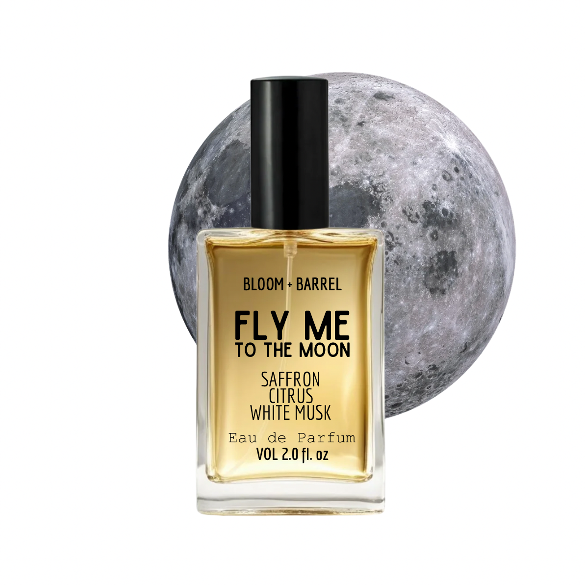 Perfume bottle labeled 'Fly Me to the Moon' with a moon in the background