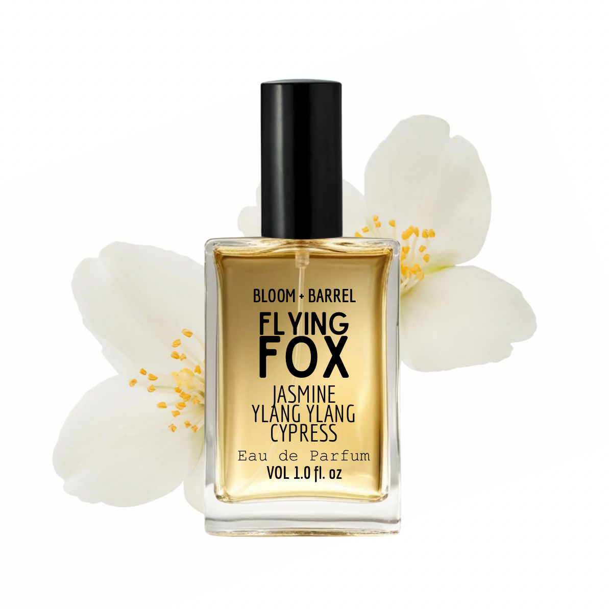 Perfume bottle labeled 'Flying Fox' with white flowers on a white background