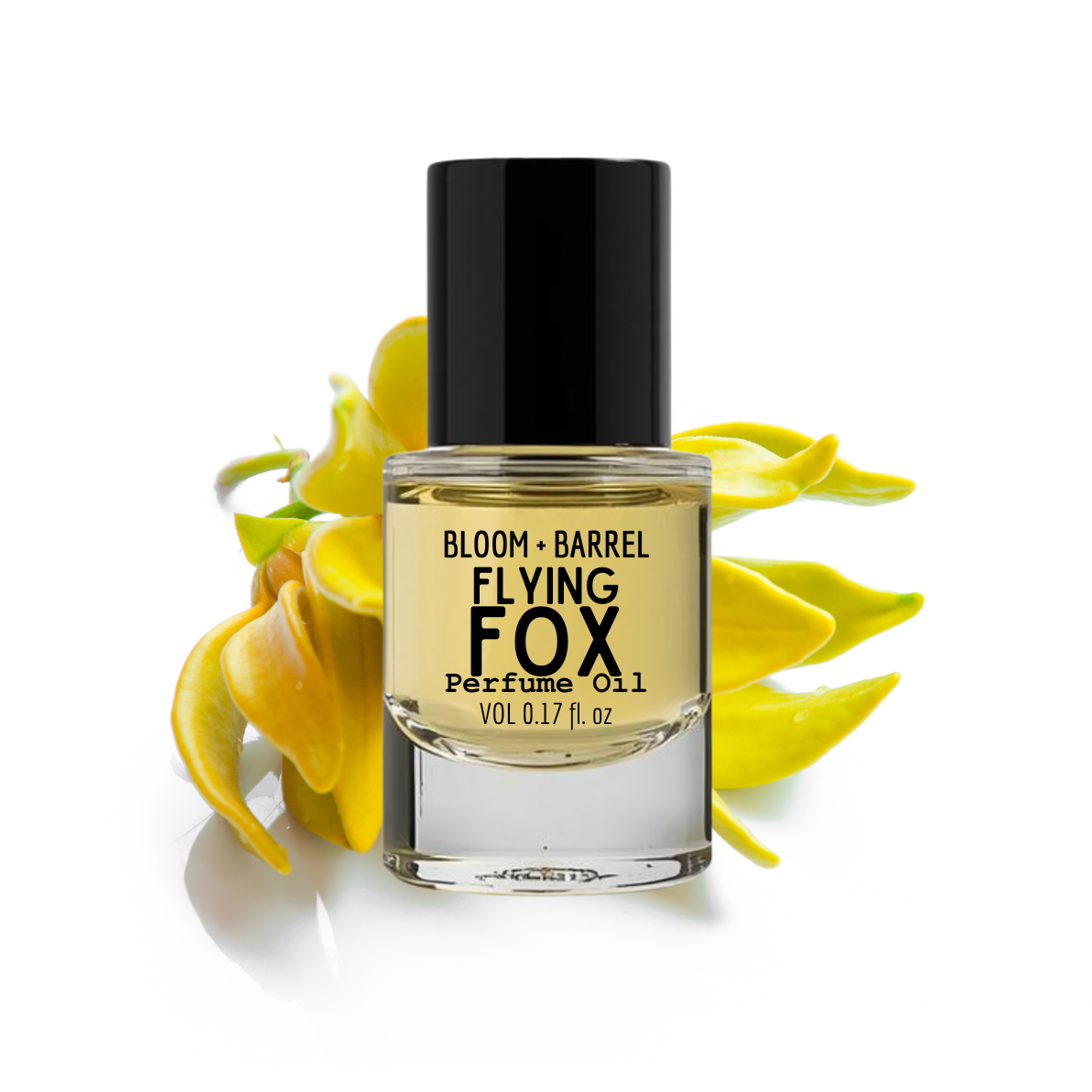 Perfume oil bottle labeled 'Flying Fox' with yellow flowers on a white background
