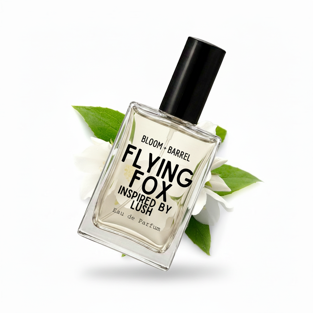A square glass perfume bottle with a black cap, labeled 'BLOOM • BARREL FLYING FOX INSPIRED BY LUSH Eau de Parfum', centered on a white background with white flowers and green leaves behind it.