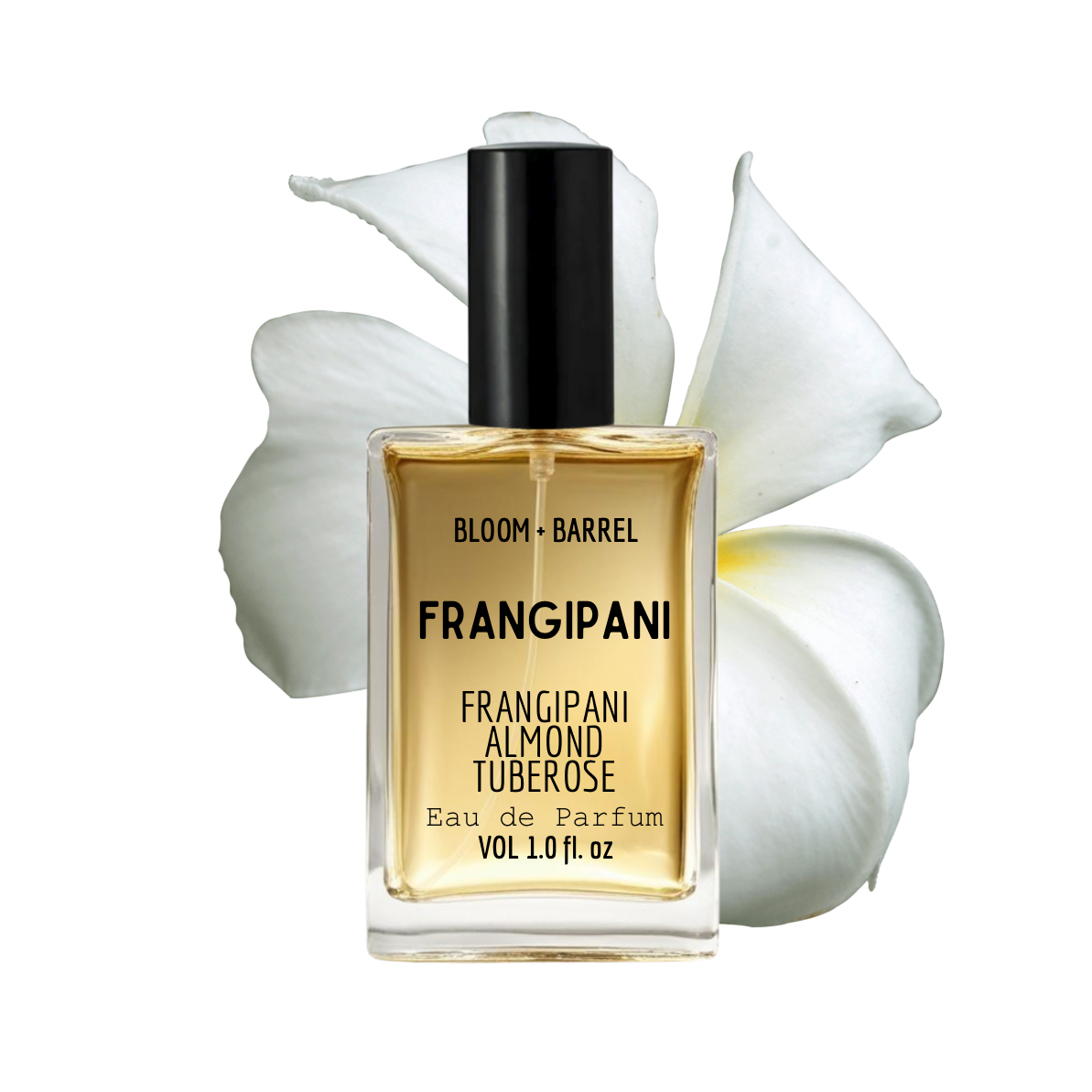 Perfume bottle labeled 'Frangipani' with white flowers on a white background