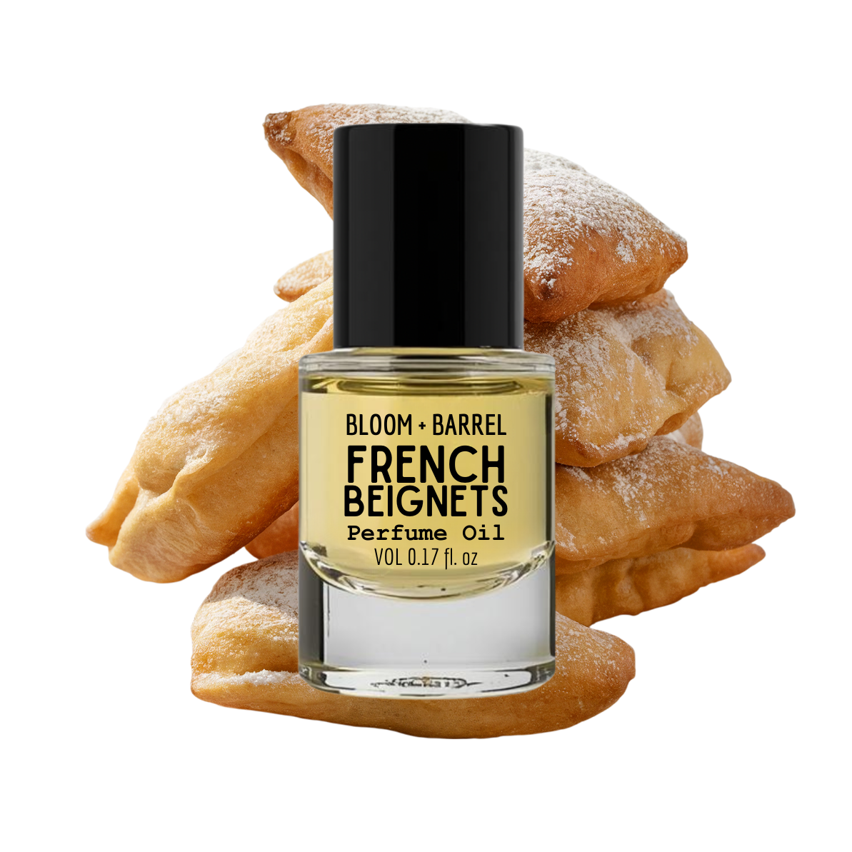 Perfume oil bottle labeled 'French Beignets' with beignets in the background