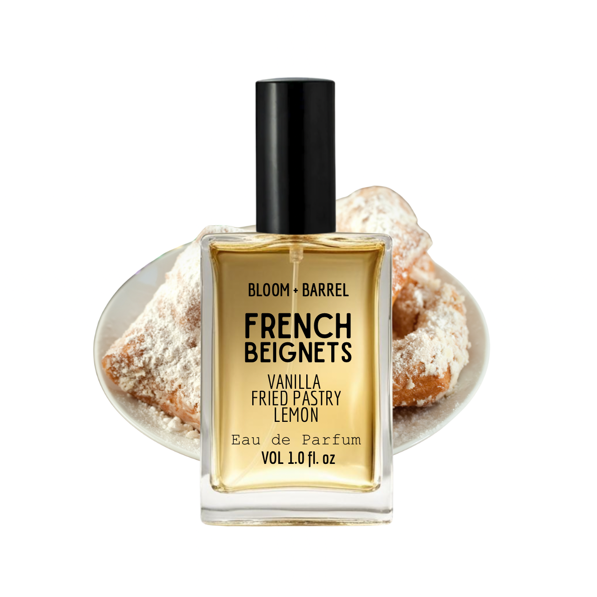 Bottle of Bloom & Barrel French Beignets perfume with beignets in the background