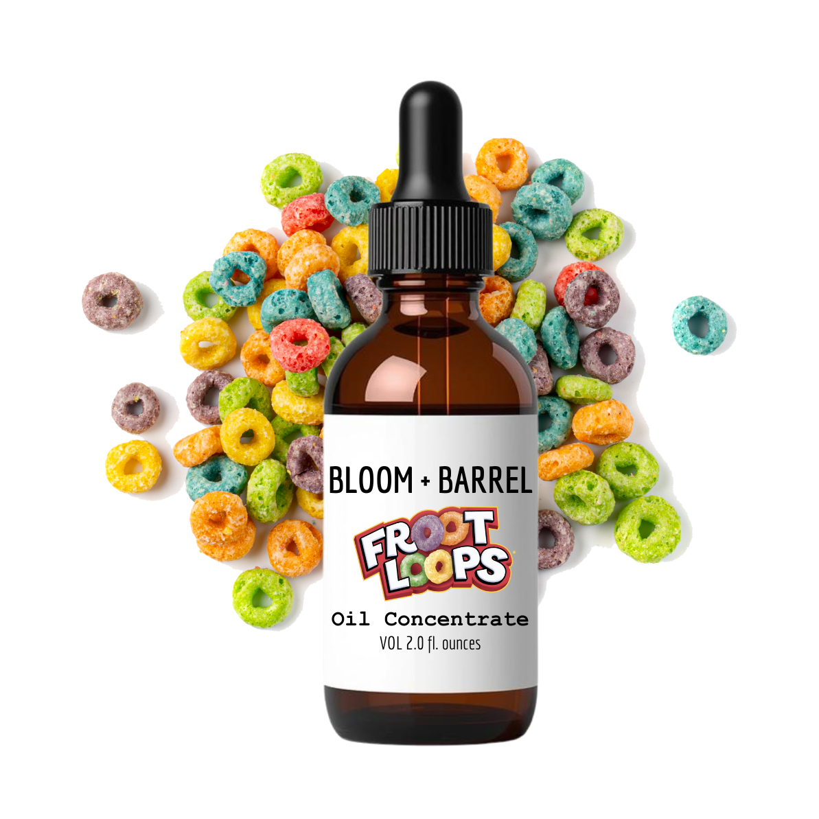 Bottle of Bloom + Barrel Froot Loops oil concentrate surrounded by colorful cereal loops on a white background