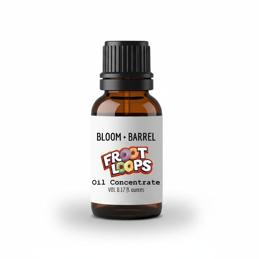 Bottle of Bloom Barrel Froot Loops Oil Concentrate on a white background
