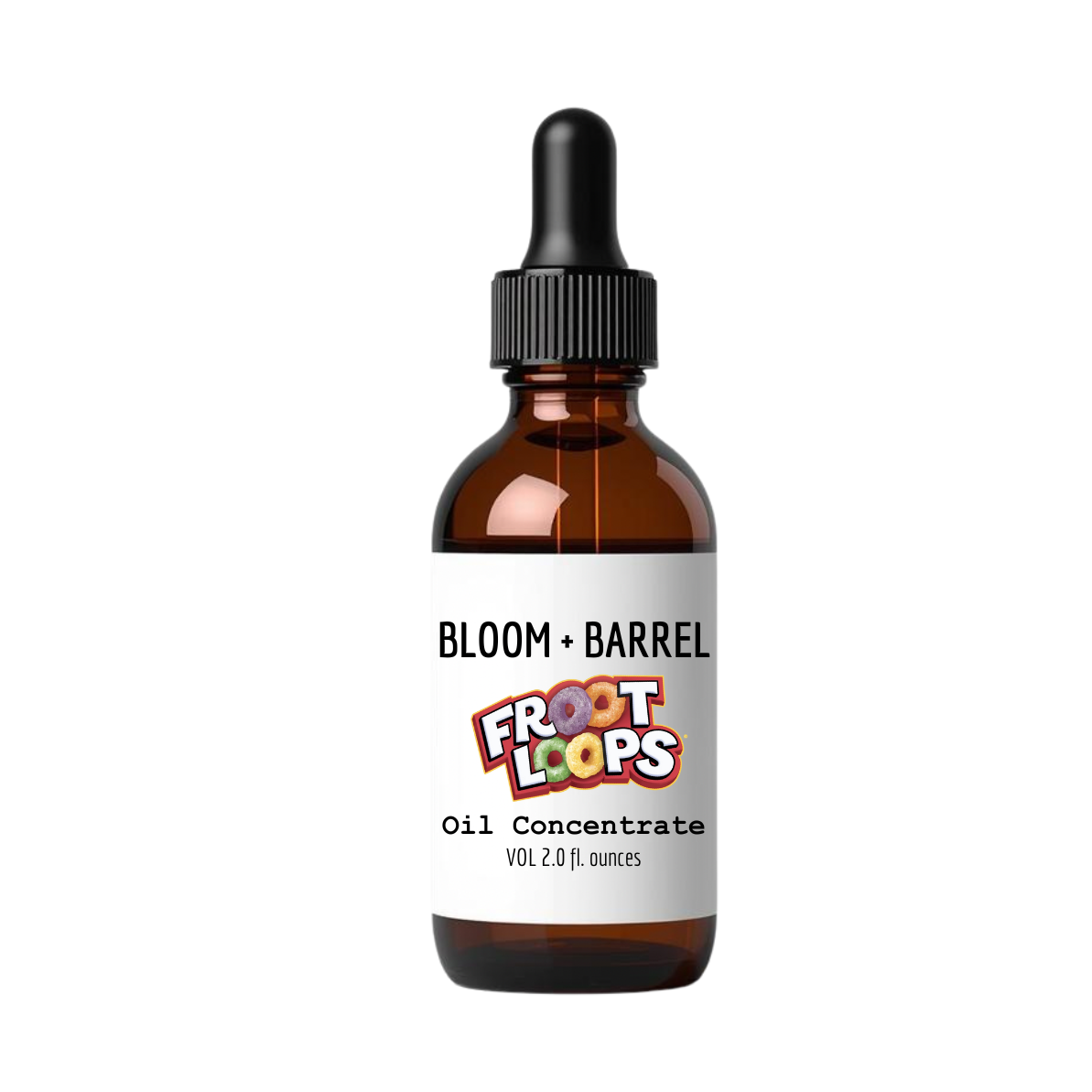 Bottle of Bloom + Barrel Froot Loops Oil Concentrate on a white background