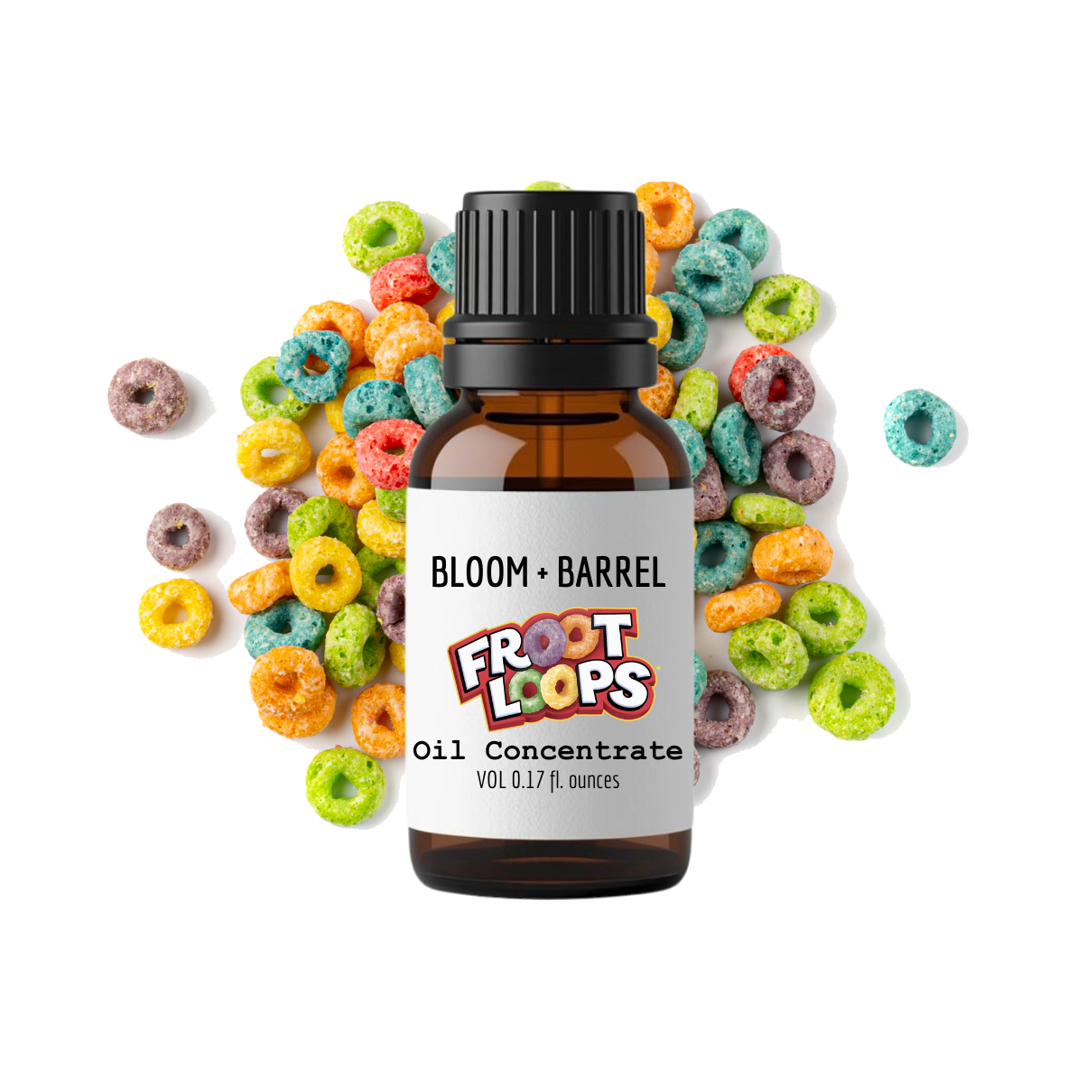 Bottle of Bloom & Barrel Froot Loops Oil Concentrate surrounded by colorful cereal loops on a white background