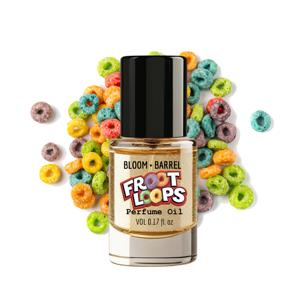 Bottle of Froot Loops perfume oil surrounded by colorful cereal loops on a white background