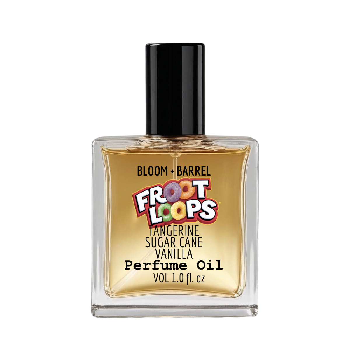 Perfume oil bottle with Froot Loops branding on a white background