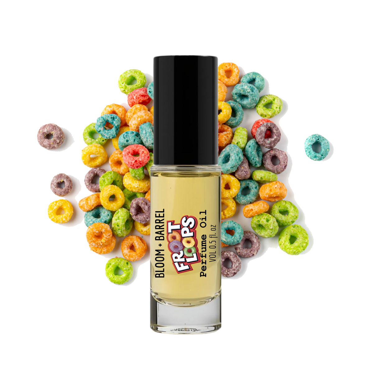 Perfume bottle labeled 'Bloom Barrel' surrounded by colorful cereal loops on a white background