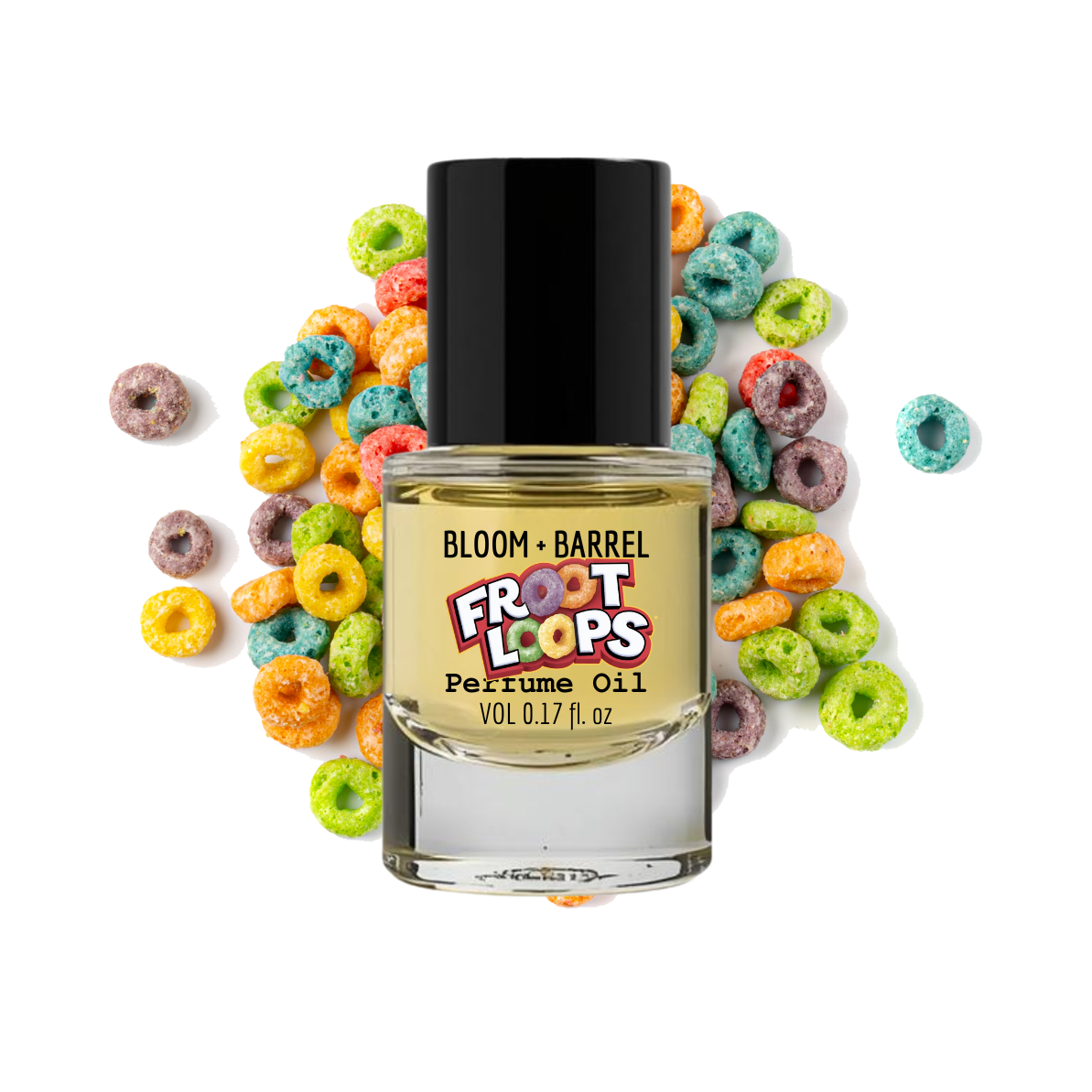 Bottle of Froot Loops perfume oil with colorful cereal loops around it on a white background