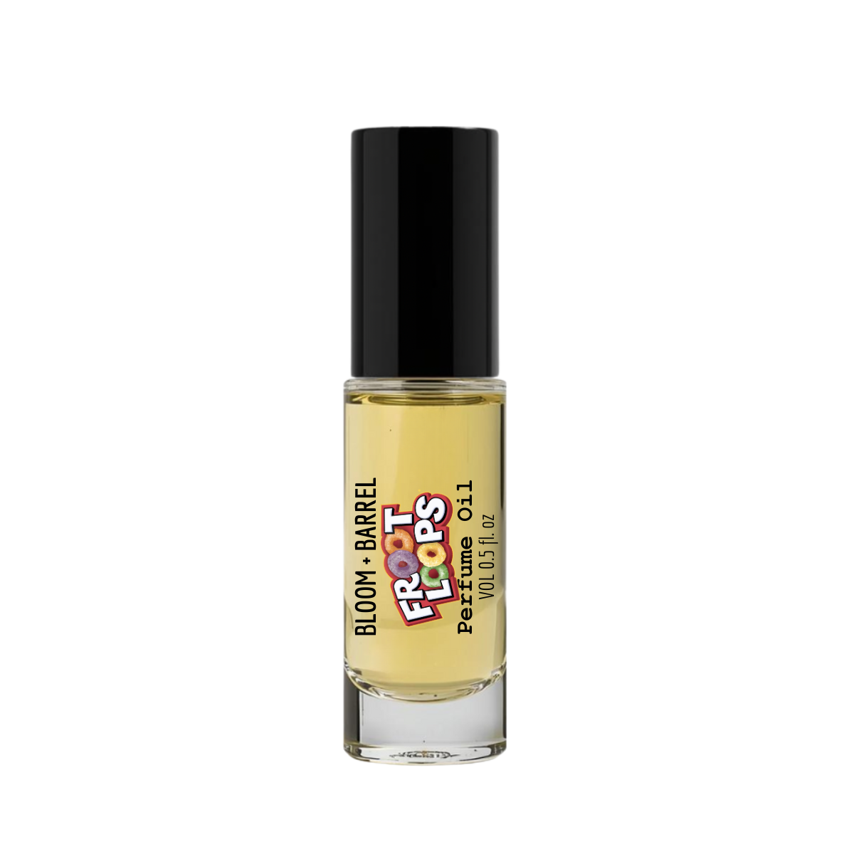 Perfume bottle labeled 'Bloom Barrel Froot Loops' on a white background