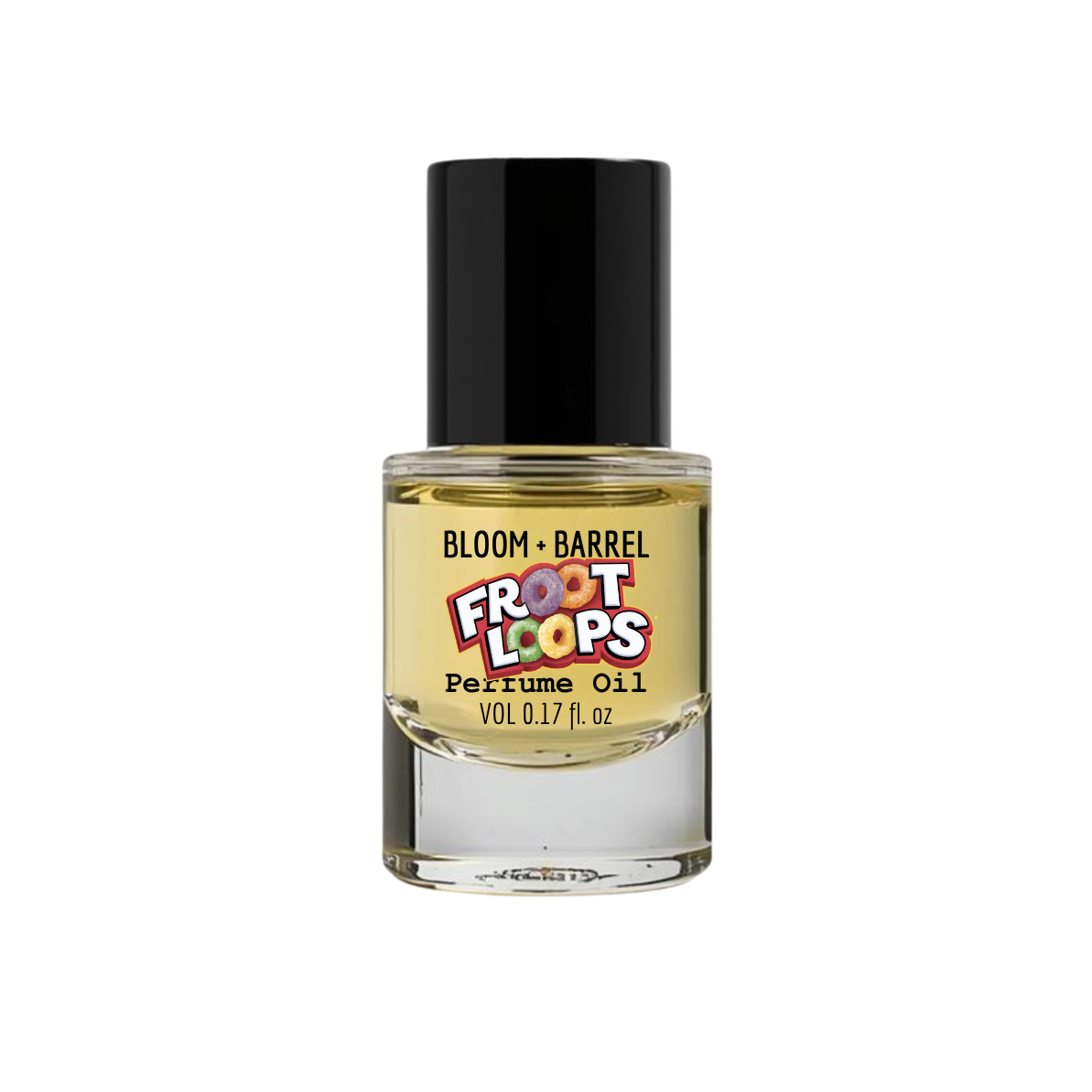 Perfume oil bottle labeled 'Froot Loops' by Bloom & Barrel on a white background