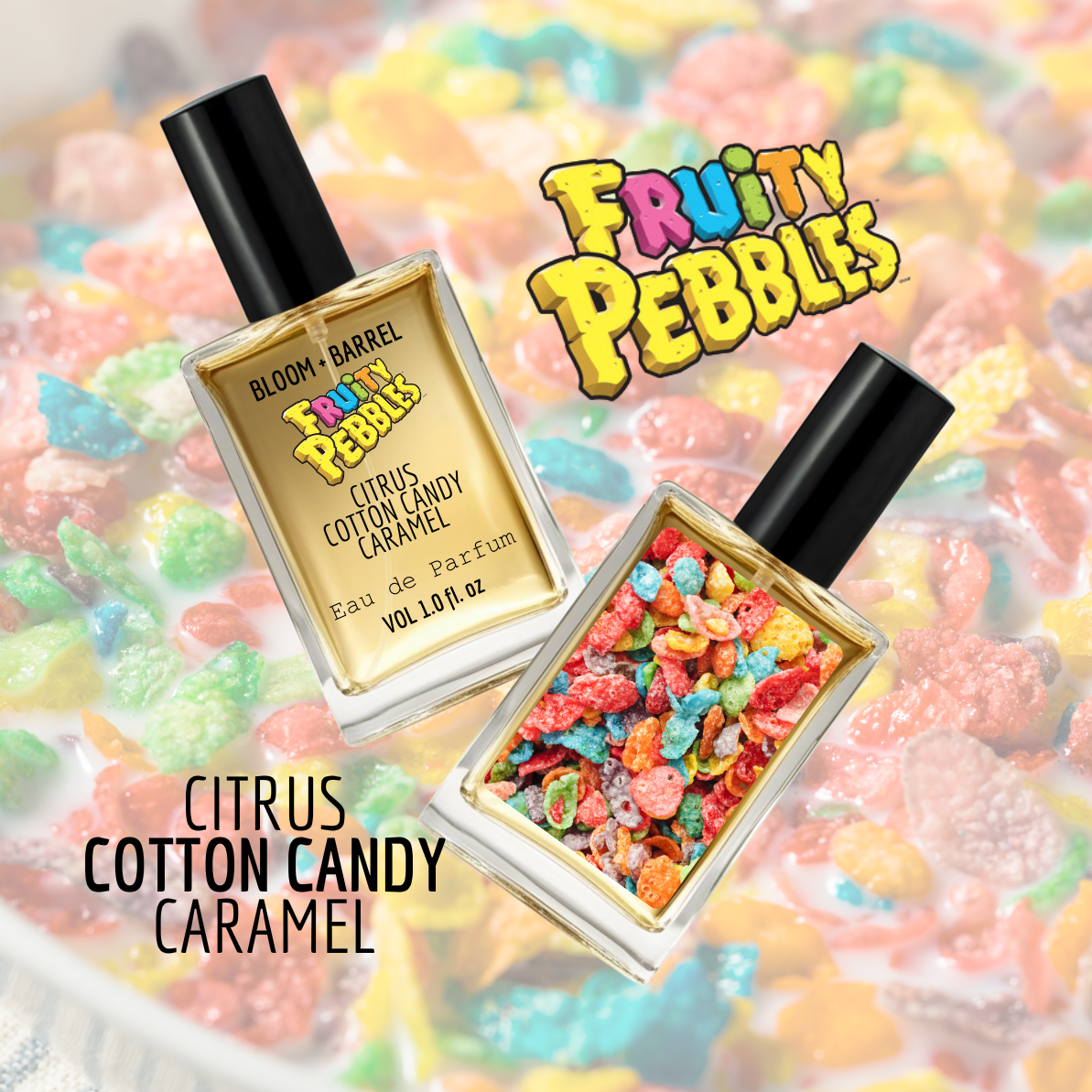 Two perfume bottles with 'Fruity Pebbles' branding on a colorful background of cereal pieces.