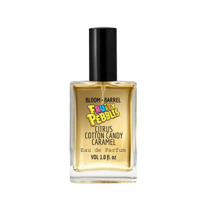 Perfume bottle labeled 'fruity Pebbles' by Bloom & Barrel on a white background