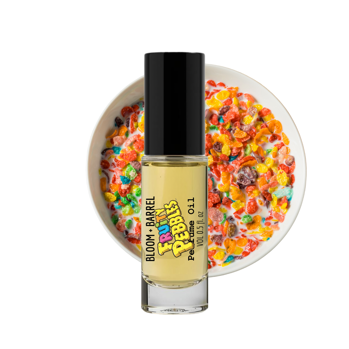 Perfume bottle with colorful cereal design on a white background