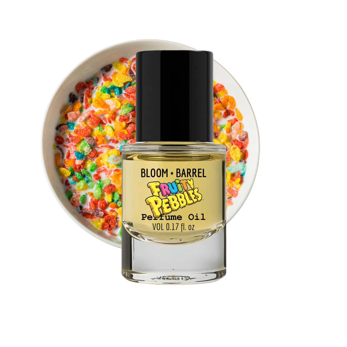 Bottle of Bloom & Barrel Fruity Pebbles perfume oil with a bowl of colorful cereal in the background.